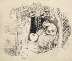 By the Cradle (pióro i tusz indyjski na graficie) autorstwa Arthur Hughes