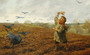 Strasznik kruków; „Gołębie i wrony, dbaj o swoje palce”, 1884 autorstwa Arthur Hughes