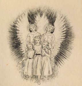 Troje małych dzieci na szerokiej, szerokiej Ziemi (pióro i czarny atrament na złamanym białym papierze) autorstwa Arthur Hughes
