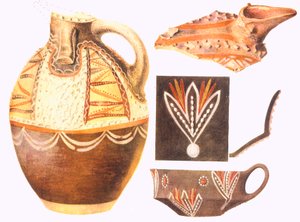 Reprodukcje filiżanek i kolorowe fragmenty z Knossos