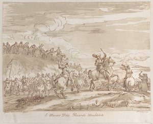Kawaleria zbliżająca się do szarży, z centralną postacią na koniu wznoszącą miecz, 1735., 1735.