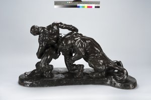 Mężczyzna zamknięty w walce z Lioness Cub (brąz) autorstwa Arthur Putnam