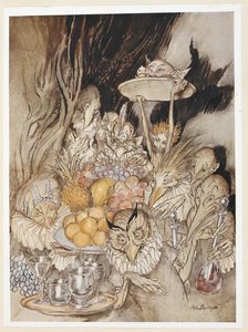ATO III: Cena III, linha 19 Entre em várias formas estranhas, trazendo um banquete... convidando o Rei, etc, para comer.polonês autorstwa Arthur Rackham