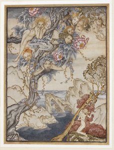 AKT III: Scena II, wers 144 Wyspa jest pełna hałasów, dźwięków i słodkich audycji, które zachwycają i nie ranią. autorstwa Arthur Rackham