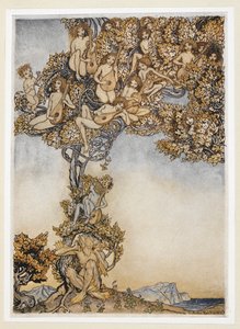 AKT III: Scena II, wers 146 Czasami tysiące brzęczących instrumentów Będzie szumiał w moich uszach. autorstwa Arthur Rackham