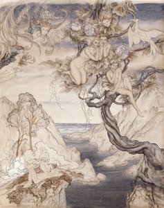 Pieśń wróżek, narysowana do aktu II, scena ii, ze Snu nocy letniej (pióro i atrament i toaleta na papierze) autorstwa Arthur Rackham