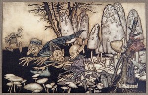 Grupa robotników, którzy piłowali muchomor, pospiesznie oddaliła się, zostawiając za sobą narzędzia, od Piotrusia Pana w Kensington Gardens JM Barrie (1860 - 1937), pub. 1906 autorstwa Arthur Rackham
