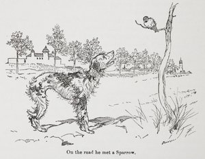 Pies i wróbel. autorstwa Arthur Rackham