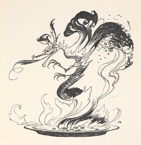 Smok wyłaniający się z talerza z płonącymi pieniędzmi autorstwa Arthur Rackham