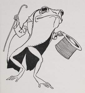Żaba w cylindrze i we fraku, trzymająca laskę. autorstwa Arthur Rackham