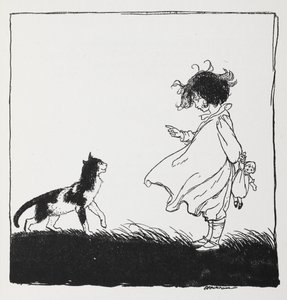 Dziewczyna z lalką mówi o swoim kotku. autorstwa Arthur Rackham