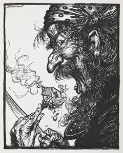 Duży mężczyzna zjada malutką damę i jej dom. autorstwa Arthur Rackham