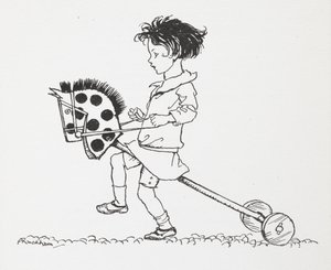 Mała dziewczynka na zabawkarskim koniu hobby. autorstwa Arthur Rackham