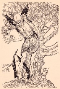 Straszny gość, o połowę mniejszy od drzewa, przy którym stał. Ilustracja autorstwa Arthura Rackhama z baśni braci Grimm, Duch w szklanej butelce. autorstwa Arthur Rackham