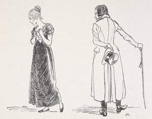 Kłócąca się młoda para, kobieta, która się odwróciła, przyciskając chusteczkę do piersi autorstwa Arthur Rackham