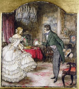 Młody mężczyzna przedstawiający bukiet dziewczynie stojącej w salonie (toaleta z piórem i atramentem na papierze) autorstwa Arthur Rackham