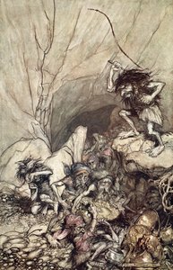 „Alberich jeździ w bandzie Nibelungów ze złotymi i srebrnymi skarbami”, 1910. autorstwa Arthur Rackham
