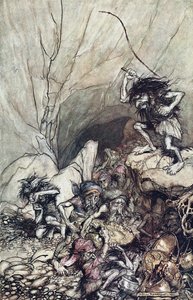 Alberich jedzie w bandzie Niblungów obładowanych złotymi i srebrnymi skarbami. Ilustracja do Rhi autorstwa Arthur Rackham