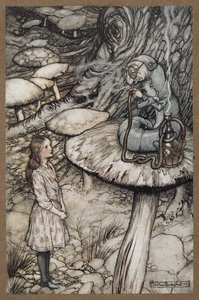 Alicja rozmawia z Gąsienicą, która siedzi na grzybie i pali fajkę autorstwa Arthur Rackham