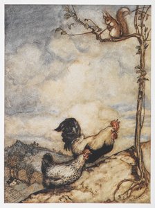 Ilustracja przedstawiająca kurę, koguta i wiewiórkę z Przygód Chanticleera i Partleta. autorstwa Arthur Rackham