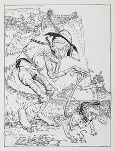 Stary krzywy człowiek ze swoim krzywym kotem i krzywym domem. autorstwa Arthur Rackham