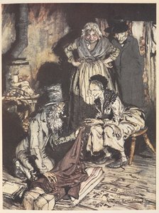 Stara rodzina w ich domu z mężczyzną oferującym im zasłony autorstwa Arthur Rackham