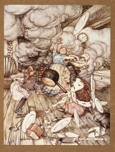 Niezwykle duży rondel przeleciał w pobliżu i prawie go uniósł, z „Alices Adventures in Wonderland” Lewisa Carrolla, wyd. 1907 autorstwa Arthur Rackham
