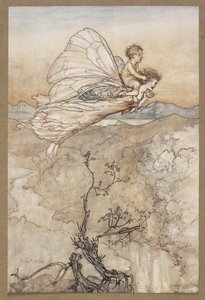 ... A jej wróżka wysłała go do mojej altany w baśniowej krainie ”. Wróżka odleciała z podmieńcem. Kadr z filmu „Sen nocy letniej”. autorstwa Arthur Rackham
