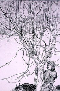 „Kiedy kładłem Thinkynge, on jechał swoją drogą”, ilustracja z „The Ingoldsby Legends, or Mirth and Marvels”, autorstwa Thomasa Ingoldsby, opublikowanej w 1898 r. (pióro i atrament na papierze) autorstwa Arthur Rackham