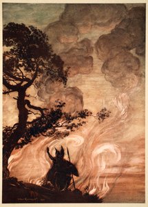 „Oddalając się powoli, Wotan odwraca się i ze smutkiem spogląda na Brunhildę”, 1910. autorstwa Arthur Rackham
