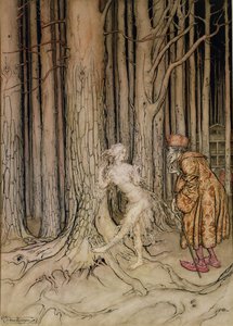W końcu spotkała pana młodego, który powoli wracał, ilustracja do Fitchers Bird, z Little Brother, Little Sister, braci Grimm, 1917 (toaleta i pióro i atrament na papierze) (patrz także 28797) autorstwa Arthur Rackham