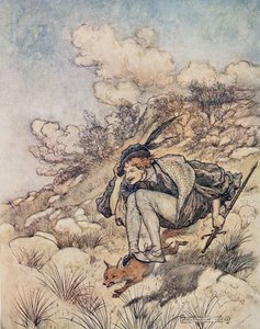 Odlecieli nad towarem i kamieniem, w takim tempie, że jego włosy gwizdały na wietrze, z pubu The Fairy Tales of the Brothers Grimm. 1909 autorstwa Arthur Rackham