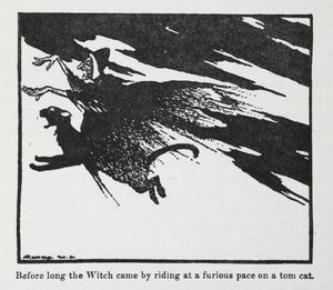 Wkrótce nadjechała Czarownica, jadąc w szalonym tempie na kocurku”. autorstwa Arthur Rackham