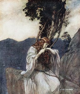 Brunhilda całuje pierścień, który zostawił jej Zygfryd. Ilustracja do Zygfryda i The Twi autorstwa Arthur Rackham