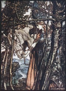 Brunhilda prowadzi konia za uzdę. Ilustracja do Złota Renu i Walkirii autorstwa Richa autorstwa Arthur Rackham