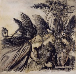 Brunhilda błaga Walkirie, ilustracja z Złoto Renu i Walkiria, Richard Wagner, wydanie opublikowane 1910 (pióro, atrament i toaleta na papierze) autorstwa Arthur Rackham