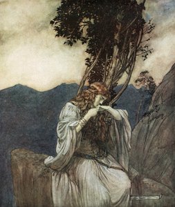 „Brunnhilda całuje pierścień, który zostawił jej Zygfryd”, 1924. autorstwa Arthur Rackham