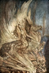 „Brunnhilde on Grane wskakuje na stos pogrzebowy Zygfryda”, 1924. autorstwa Arthur Rackham