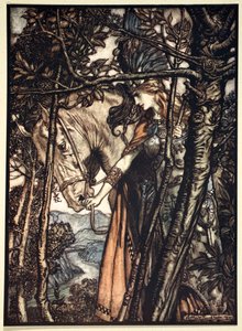 „Brunnhilda powoli i cicho prowadzi konia ścieżką do jaskini”, 1910. autorstwa Arthur Rackham