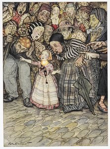 „Ale on w ogóle nie ma na sobie nic” – powiedziało małe dziecko. Kolorowa ilustracja do opowiadania „Nowe szaty cesarza”. autorstwa Arthur Rackham