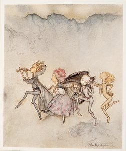 Każdy z nich, potykając się na palcach, będzie tu z mopem i kosiarką, ilustracja z Burzy Williama Shakespearesa, pub. 1926 autorstwa Arthur Rackham