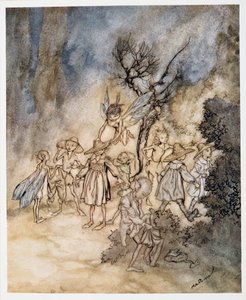 Wkraczają pewni żniwiarze, odpowiednio ustrojeni, ilustracja z pubu Burza Williama Szekspira. 1926 autorstwa Arthur Rackham