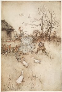 Wyposażony w parę odrzuconych przez ojca galligaskin, które miał tyle do trzymania, co piękna dama trenuje przy złej pogodzie, z pubu Rip Van Winkle by Washington Irving. 1910 (kolor li autorstwa Arthur Rackham