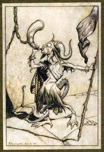 Nim w bramie Baszty Barbakańskiej zadął w róg z głośną dwudziestką trąbą, 1907 autorstwa Arthur Rackham