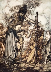 Fafner: Hej! Chodź tu i zatrzymaj mnie w tej szczelinie!”, 1910. autorstwa Arthur Rackham