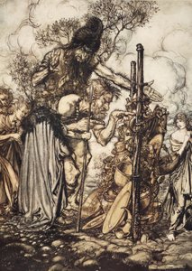Fafner: „Hej! Chodź tu i zatrzymaj mnie w tej szczelinie!”, ilustracja z „Złoto Renu i Walkiria”, 1910 autorstwa Arthur Rackham