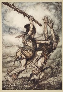 Fafner zabija Fasolta, ilustracja z „Złoto Renu i Walkiria”, 1910 autorstwa Arthur Rackham