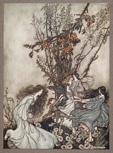 Wróżki nigdy nie mówią Czujemy się szczęśliwi, tak mówią Upadliśmy tanecznie, z Piotruś Pan w Kensington Gardens JM Barrie (1860 - 1937), wyd. 1906 autorstwa Arthur Rackham