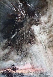 Wściekle Wotan jedzie do skały. Ilustracja do Złota Renu i Walkirii autorstwa Richarda autorstwa Arthur Rackham