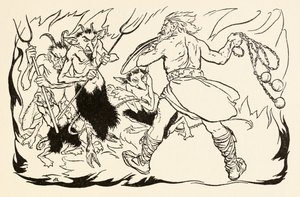 Goll mac Morna atakuje piekło, aby uratować Fionna i Fianna-Finn, z Małej bójki w Allen w irlandzkich bajkach autorstwa Arthur Rackham